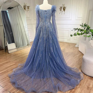 Luxury Dubai A-Line Blue Evening Dress with Cape Sleeves - Feathers Beaded Gown for Women's Wedding Party (2024)