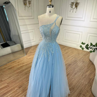 Arabic Blue Spaghetti Strap A-Line One Shoulder Beaded Luxury Evening Dresses Gowns for Women's Party 2024