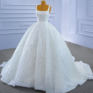 Crystal Square Collar Sequins Beaded Ball Gown Wedding Dresses