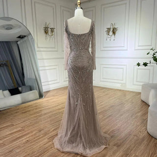 Ships in 1 to 3 Days - Arabic Nude Mermaid Beaded Luxury Dubai Long Evening Dress with 2-in-1 Skirt and Overskirt for Women's Party 2024