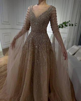 Ships in 1 to 3 Days - 2024 Arabic Caramel A-Line Evening Gown with Beaded Detailing and Cape Sleeves - Elegant Long Dress for Formal Occasions