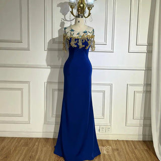 Ships in 1 to 3 Days - Arabic Blue Mermaid Elegant Appliques Luxury Dubai Evening Dresses Gowns 2024 For Women Wedding Party