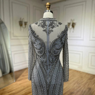 Dubai Gray Mermaid Elegant Lace Crystal Beaded Evening Dress - Luxury Gown for Women's Wedding Party 2024