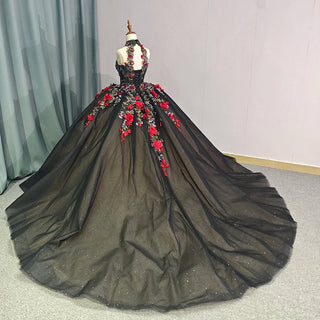 Generous Black Appliquéd Flower Ball Gown Quinceañera Party Dress