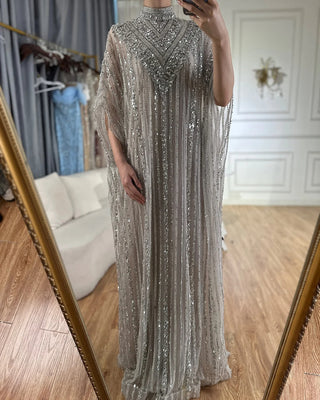 Luxury Dubai Silver Nude Mermaid Evening Dress with Cape Arabic Gowns with Beaded Details for Women's Party 2024