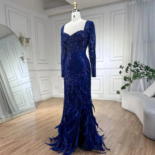 Ships in 1 to 3 Days: 2024 Royal Blue Mermaid Sparkle Beaded Luxury Long Evening Dress - Gown with Beaded Feathers for Women's Party