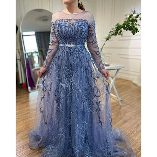 Blue Elegance: 2024 Muslim A-Line Evening Dress with Lace, Beading, Feathers, and Arabic Luxury