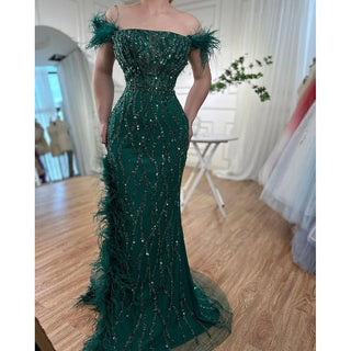 Green Mermaid High Split Evening Dress - Luxurious Beaded Feather Embellishments for Women's Wedding, Prom, or Party 2024