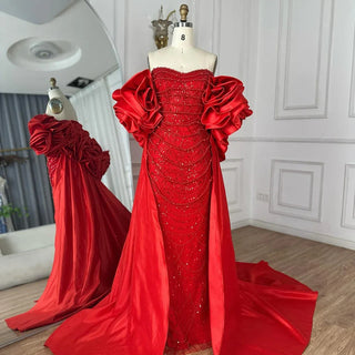 Ships in 2 to 5 Days - 2025 Customized Red Mermaid Evening Gown with Long Cape and Pearls Beaded Embellishments