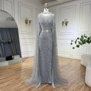 Ships in 1 to 3 Days - 2024 Luxury Dubai Gray Arabic Mermaid Beaded Evening Gown with Detachable Long Cape for Women's Party