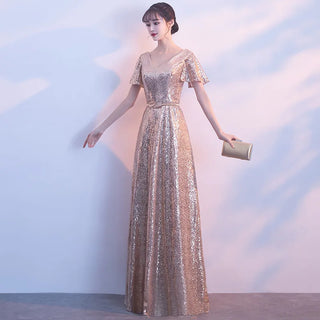 Elegant V-Neck Gold Sequin Prom Dress for Floor-Length A-Line Long Singing Dress