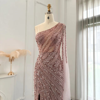 Luxury Pink One-Shoulder Mermaid Arabic Evening Dresses with Cape Sleeve and Side Slit: Ideal for Dubai Wedding Party Gowns