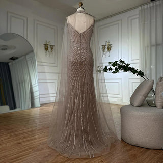 2025 Customized Saudi Caramel Mermaid Arabic Evening Dress with Beaded Cape Sleeves for Formal Occasions