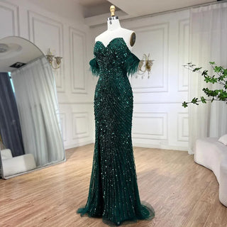 Green Mermaid High Split Spaghetti Strap Evening Dress: 2024 Feather Beaded Gown for Women's Party