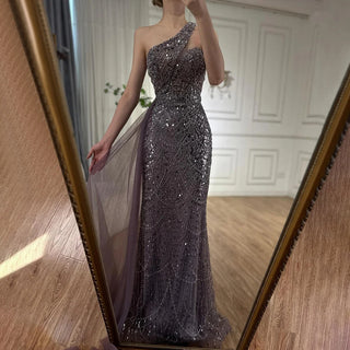 2024 Purple One-Shoulder Saudi Arabic Evening Gown with Beaded Side Overskirt for Formal Occasions