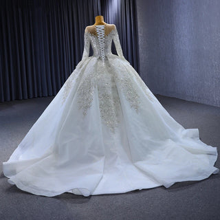 Gorgeous Sequins Beaded Long Sleeve Puffy Ball Gown Wedding Dress