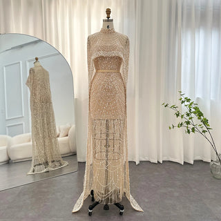 New for 2024: Luxury Champagne Dubai Evening Dresses with Pearls and Cape, Perfect for Arabic Women's Mermaid Wedding Party and Prom Dress