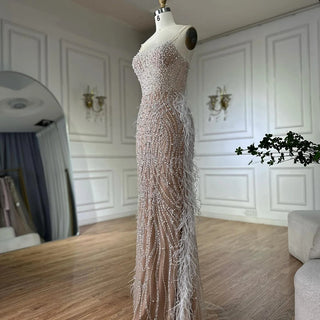 White Nude Spaghetti Strap Feather-Accented Mermaid Gown – 2025 Custom Arabic Design