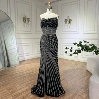 Arabia Black Elegant Strapless Split Mermaid Beaded Evening Dress - Gown for Women's Wedding Party 2024