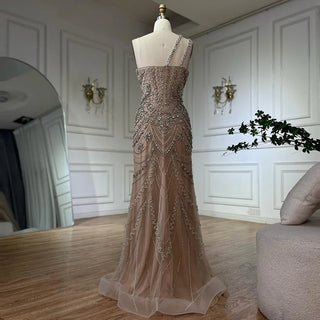 Elegant Nude One-Shoulder Beaded Evening Dress Gown for Formal Occasion