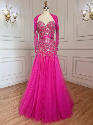 Ships in 1 to 3 Days - Arabic Sweetheart Fuchsia A-Line Long Sleeves Luxury Beaded Evening Gown - Perfect for Women's Party 2024