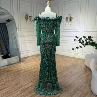 Luxury Dubai Green Boat Neck Mermaid Elegant Feathers Beaded Evening Dresses Gowns For Woman Wedding Party