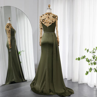 Opulent Olive: Luxury Dubai Mermaid Evening Dress with Long Sleeves for Elegant Weddings