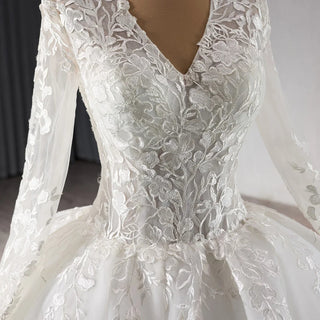 Elegant V-Neck Embroidered Wedding Dress with Long Tail for Girls