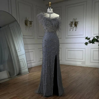 Gray Elegant Halter Feathers Beaded Luxury Mermaid High Split Evening Dress: Party Gown for Women