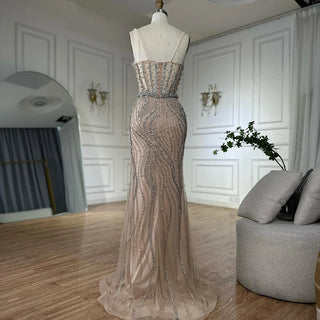 Elegant Spaghetti Strap Pearl Beaded Mermaid Evening Gown for Formal Occasion