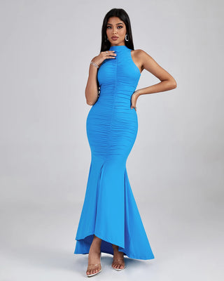 High Neck Ruched Mermaid Maxi Dress for Women 2024