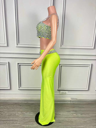 Neon Green Crystal Embellished Two-Piece Evening Set