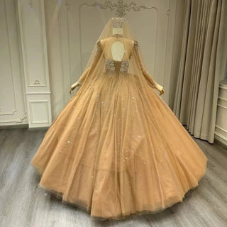 Vintage Golden Pearls High Neck Puffy Quinceañera Dress for Sweet Girls