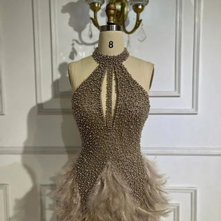 Brown Sleeveless Elegant Short Dresses Beaded Feathers Mermaid Cocktail Gowns 2024 For Women Party Couture