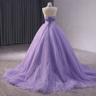 Elegant Lilac Halter Ball Gown Evening Party Dress for Women