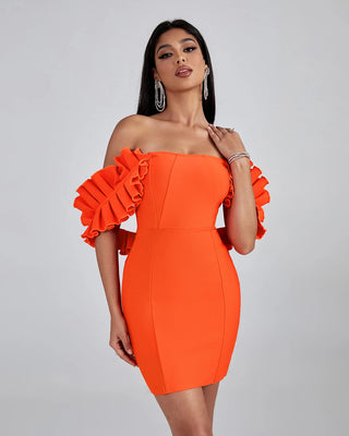 Elegant Ladies Cocktail Dress - Off-Shoulder Strapless Pleated Design Sleeves Bodycon Short Bandage Cocktail Dress