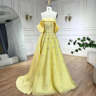 Ships in 1 to 3 Days - Luxury Dubai Arabic Yellow Evening Dress - Elegant Boat Neck Party Gown for Women's Wedding