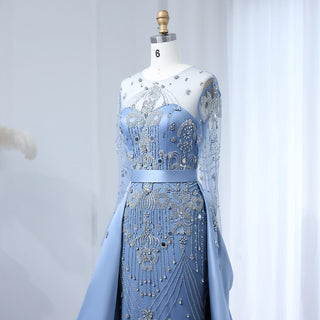 Arabian Luxury Blue Beaded Evening Gown with Long Sleeves and Overskirt for Dubai Women’s Wedding Party