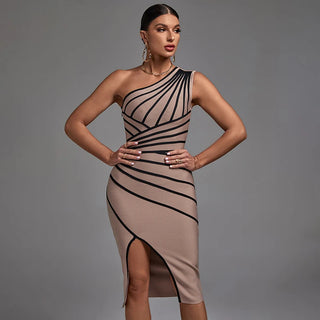 One-Shoulder Striped Bodycon Midi Dress with Slit for Women 2024