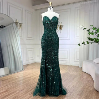 Green Mermaid High Split Spaghetti Strap Evening Dress: 2024 Feather Beaded Gown for Women's Party