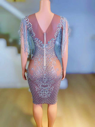 Crystal-Embellished Sheer Illusion Cocktail Dress with Fringe Sleeves