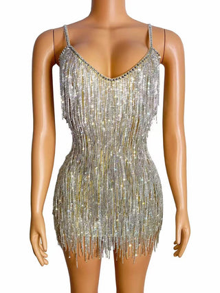 Dazzling Silver Fringe Spaghetti Strap Mini Dress