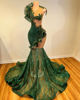 Extravagant Asymmetrical Green Mermaid Gown with Ruffled Details and Sheer Illusions