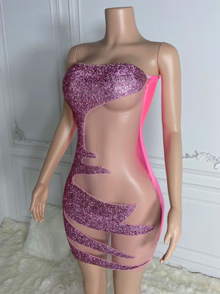 Daring Pink and Glitter Mini Dress with Sheer Cutouts