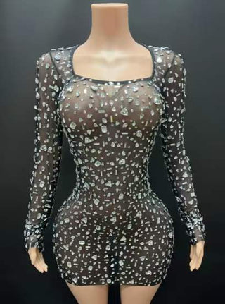 Sparkling Crystal-Embellished Sheer Long Sleeve Mini Dress