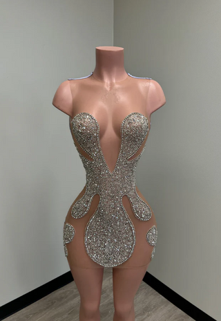 Stunning Sheer Crystal Embellished Cut-Out Mini Dress