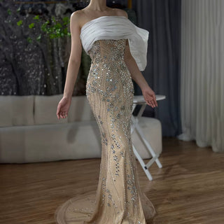 Nude One-Shoulder Split Saudi Arabic Evening Gown Beaded Dress for Formal Occasion