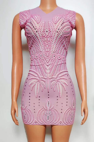 Elegant Sleeveless Pink Mini Dress with Intricate Bead Embellishments