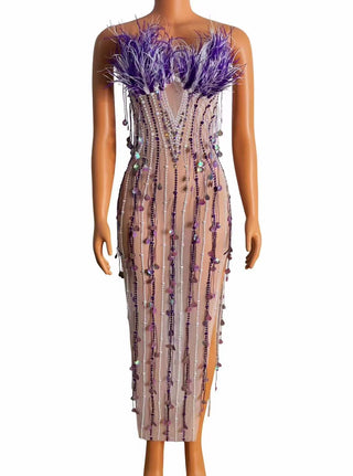 Luxurious Lavender Feather and Sequin Embellished Sheer Midi Dress