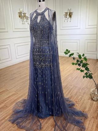 Mermaid Elegant Cape Sleeves Beaded Luxury Evening Dress Gown For Women: Arabic Party 2024